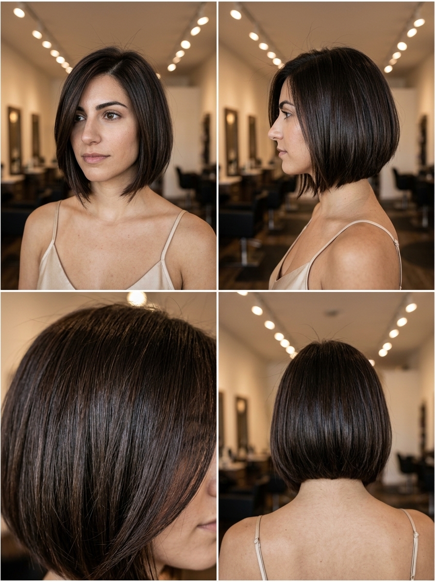 short dark chocolate brown razor bob with cool espresso tones and deep side part — sophisticated professional
