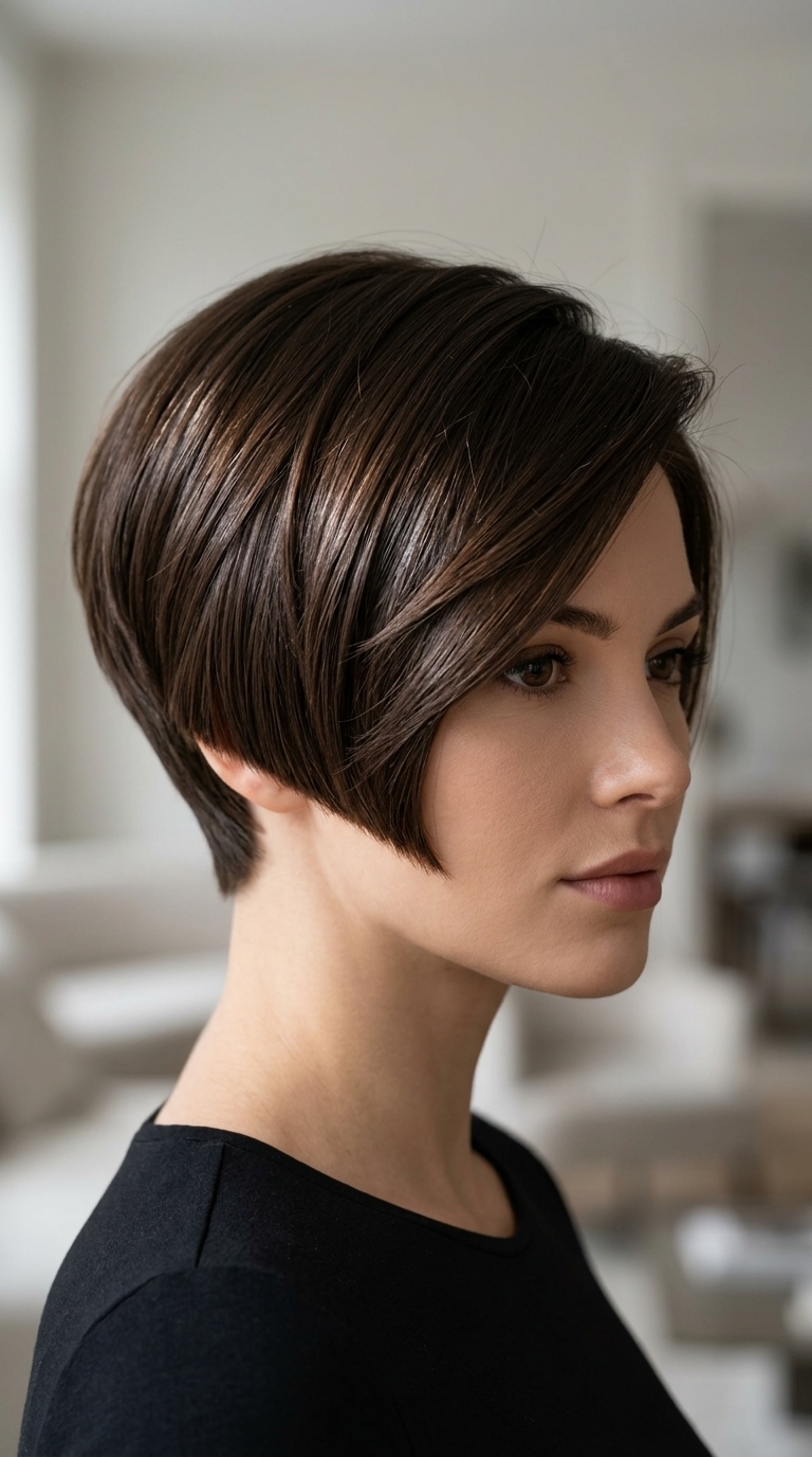 very short pixie haircut in dark chocolate with espresso undertones, blunt cut texture, deep side part — bold minimalist look