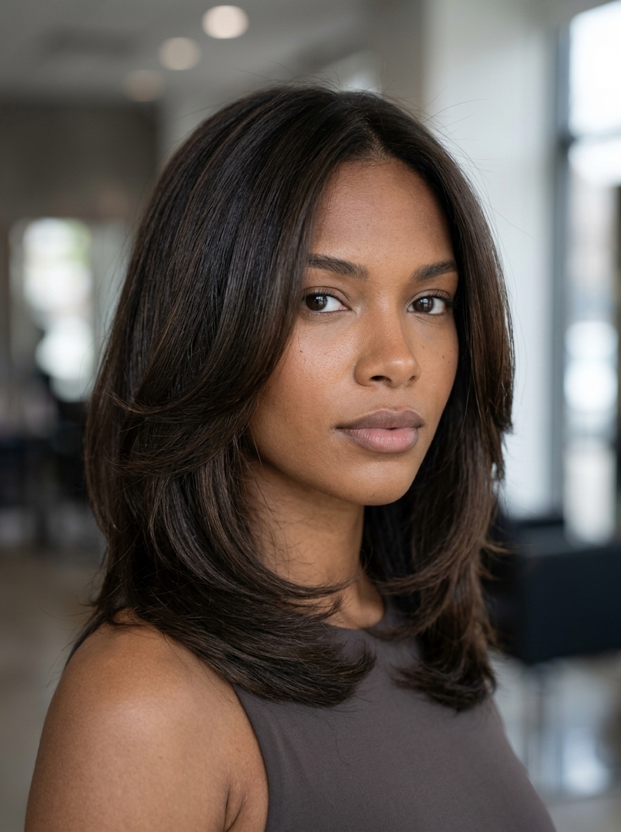 Espresso Sculpted Midi: Sophisticated Haircut 2026 medium layered wavy haircut in deep dark mocha with cool chocolate undertones for events