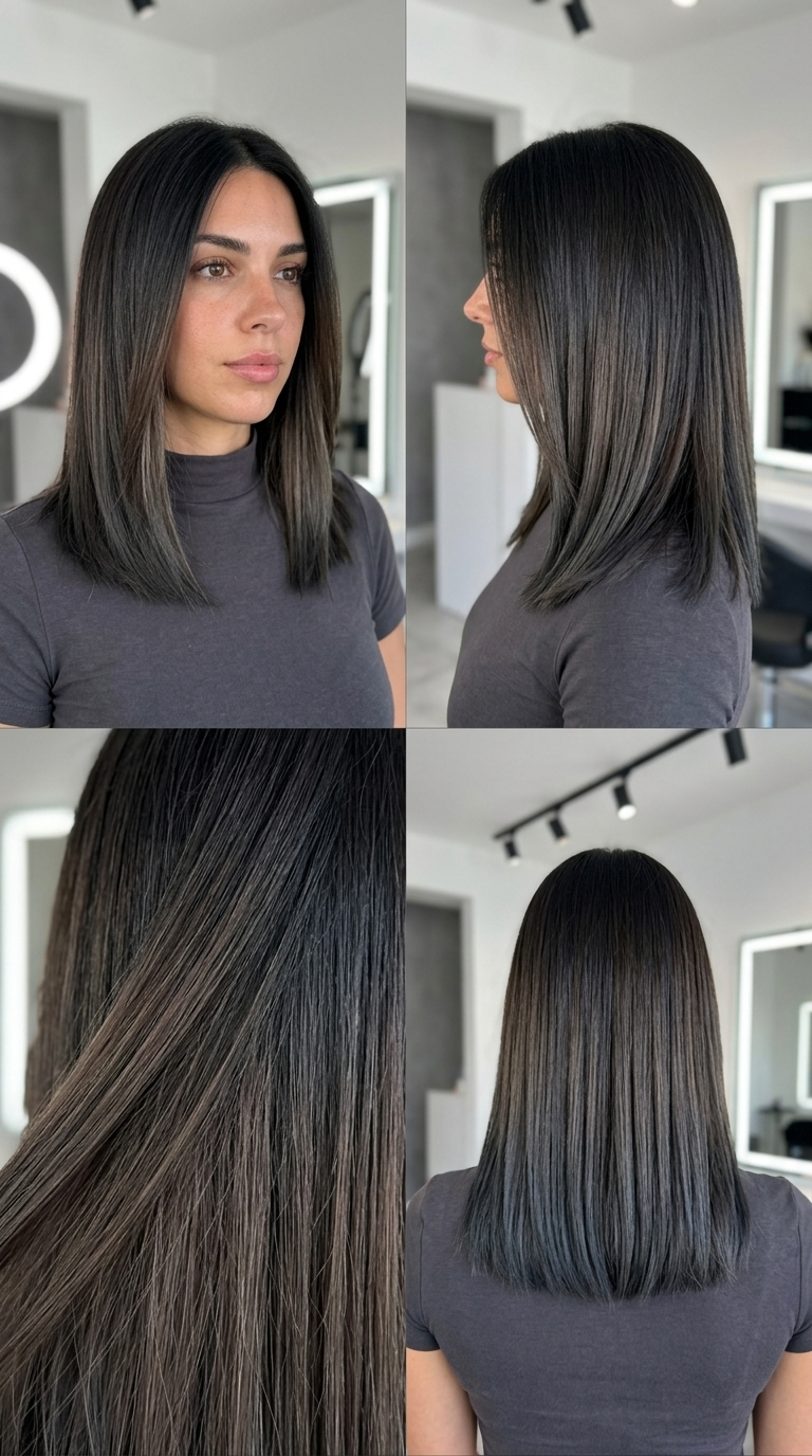 Deep Ash Brown Dip-Dye 2026 long straight ash brown hair with dip-dye ends, charcoal ash brown, sharp contrast — edgy bold