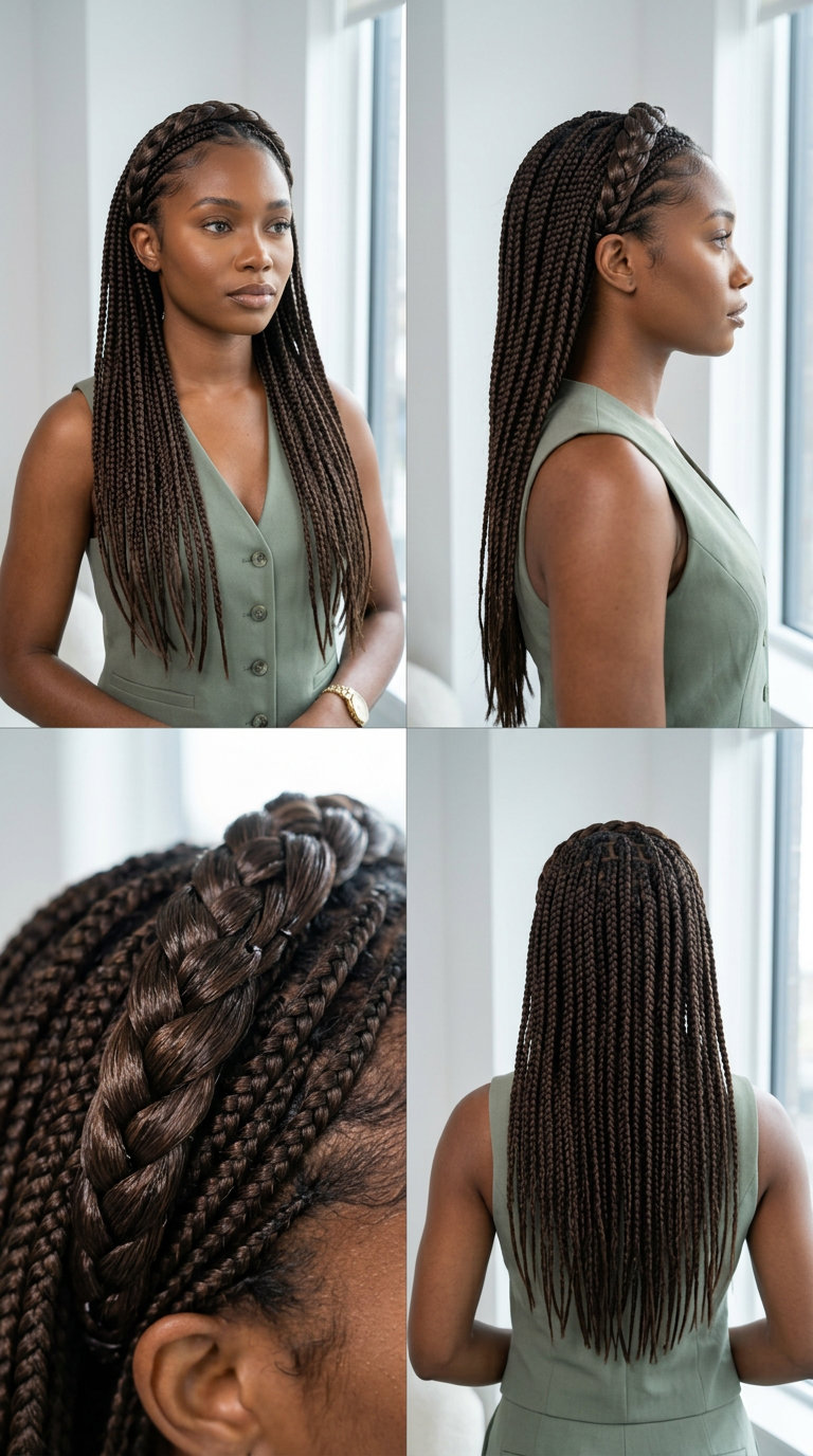 mid-back length knotless braids in deep brown with blunt perimeter and braided headband for minimalist summer look