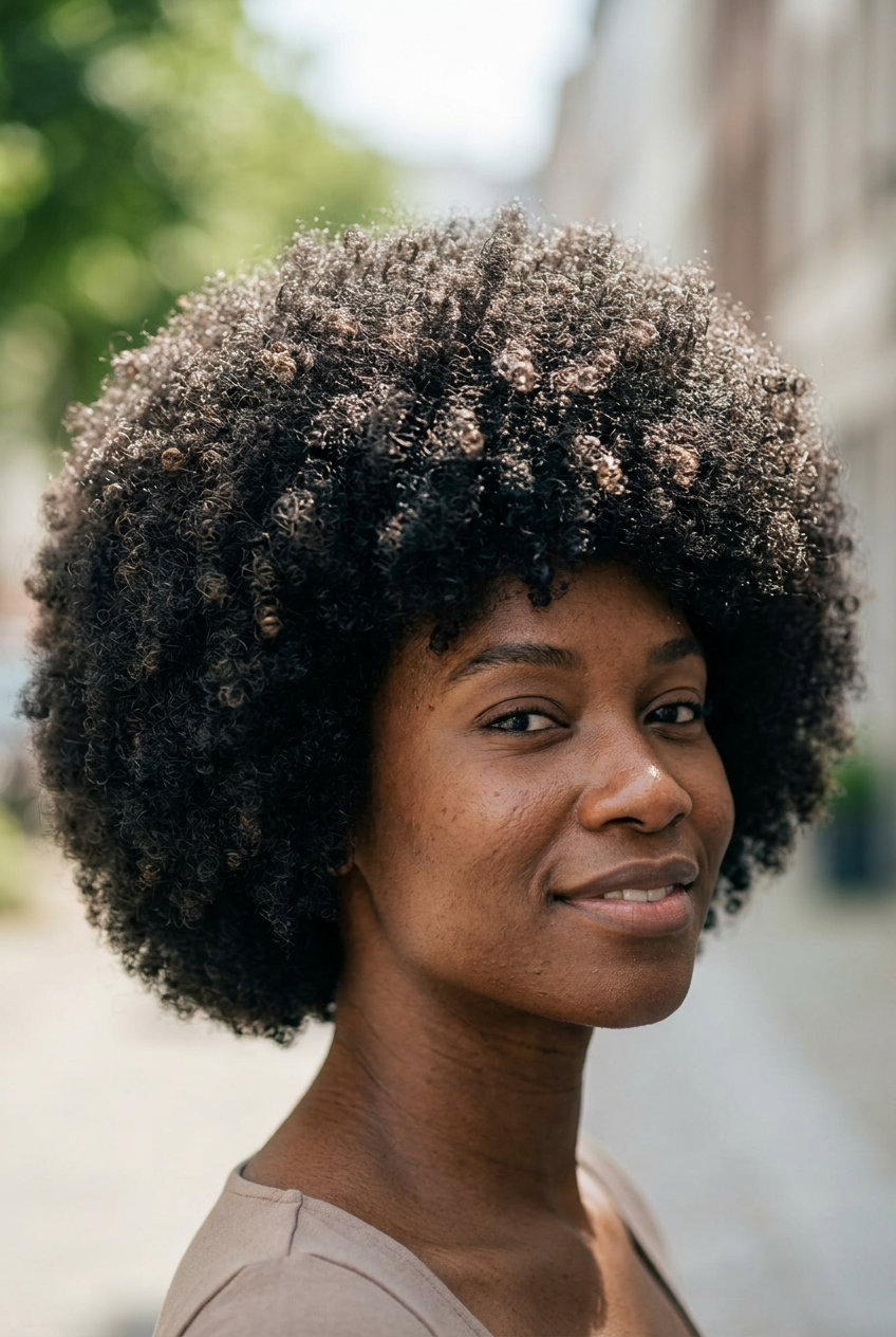 Rounded Afro for Curly Hair 2026 short curly rounded afro with deep brown, mahogany undertones — confident summer