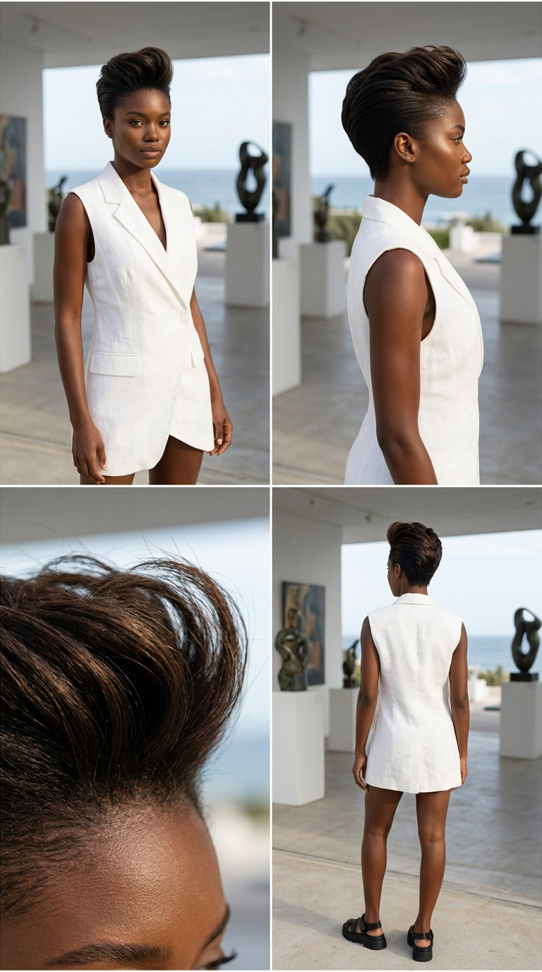 short layered cut sculpted quiff with deep brown, upward and backward styling for confident looks