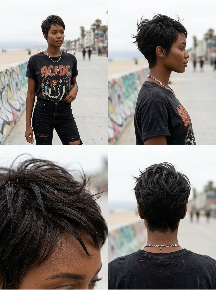 Rebellious Piecey Pixie 2026 short piecey pixie haircut with deep brown tones, textured styling, rebellious mood