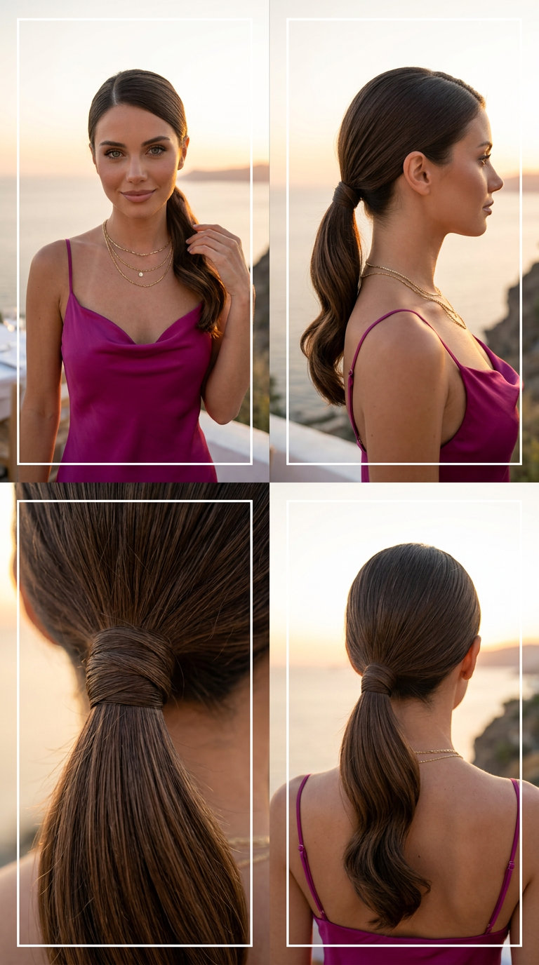 Riviera Side Pony: Romantic Summer Hairstyles 2026 long deep brunette Riviera side pony with soft waves, high-shine — romantic summer hairstyle 2026