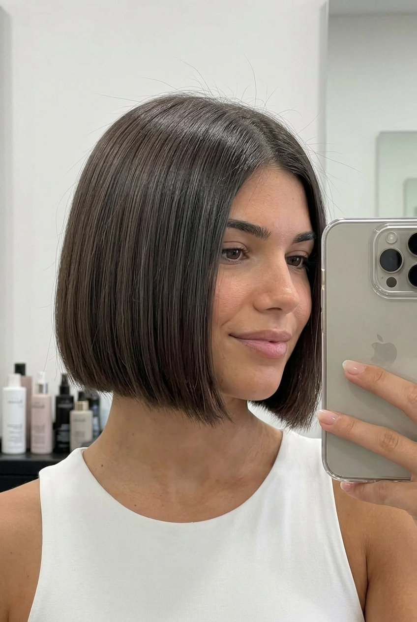 short french bob haircut with deep brunette & ash undertones, blunt perimeter — professional sharp