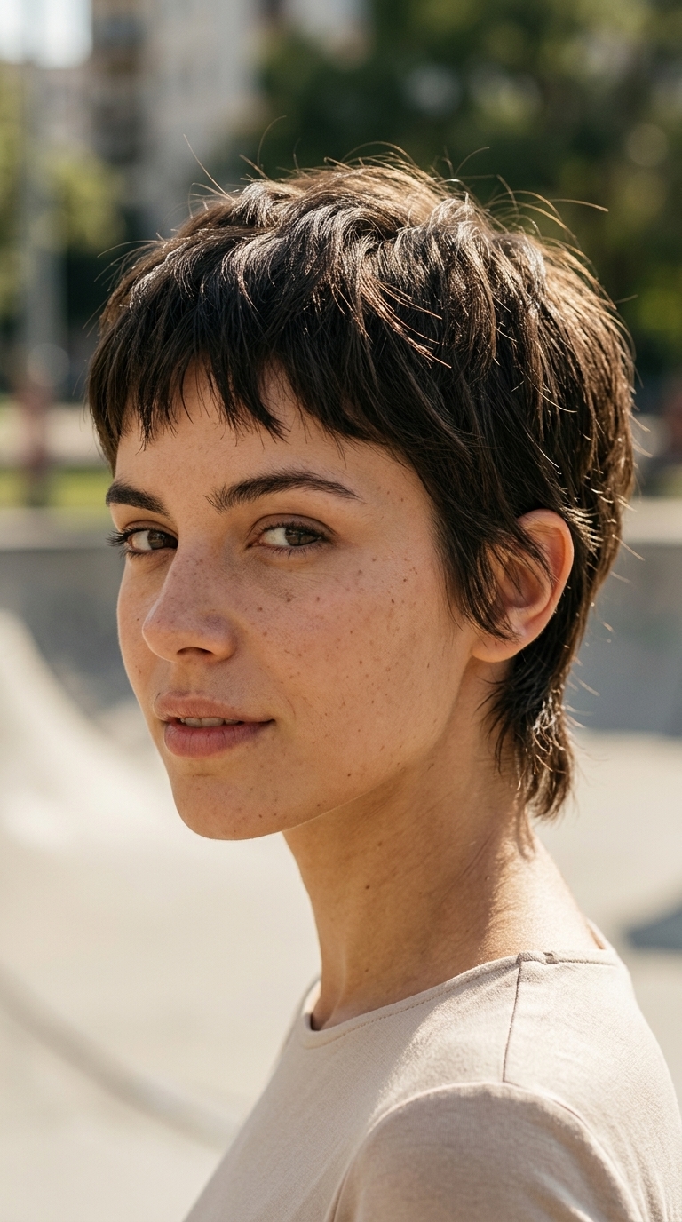 short pixie-mullet haircut with deep brunette color and disconnected layers for summer