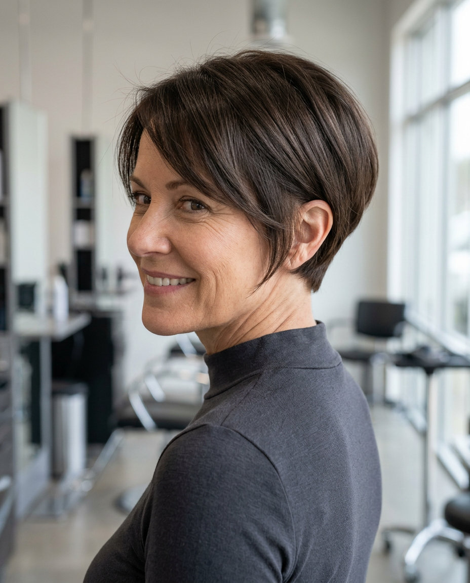 shoulder-length soft tapered pixie haircut in deep brunette with face-framing pieces for chic daily wear