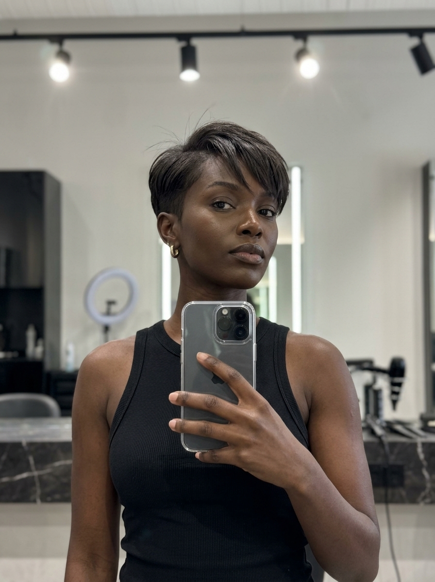 very short deep brunette pixie haircut with clipper fade and side-swept fringe for summer 2026