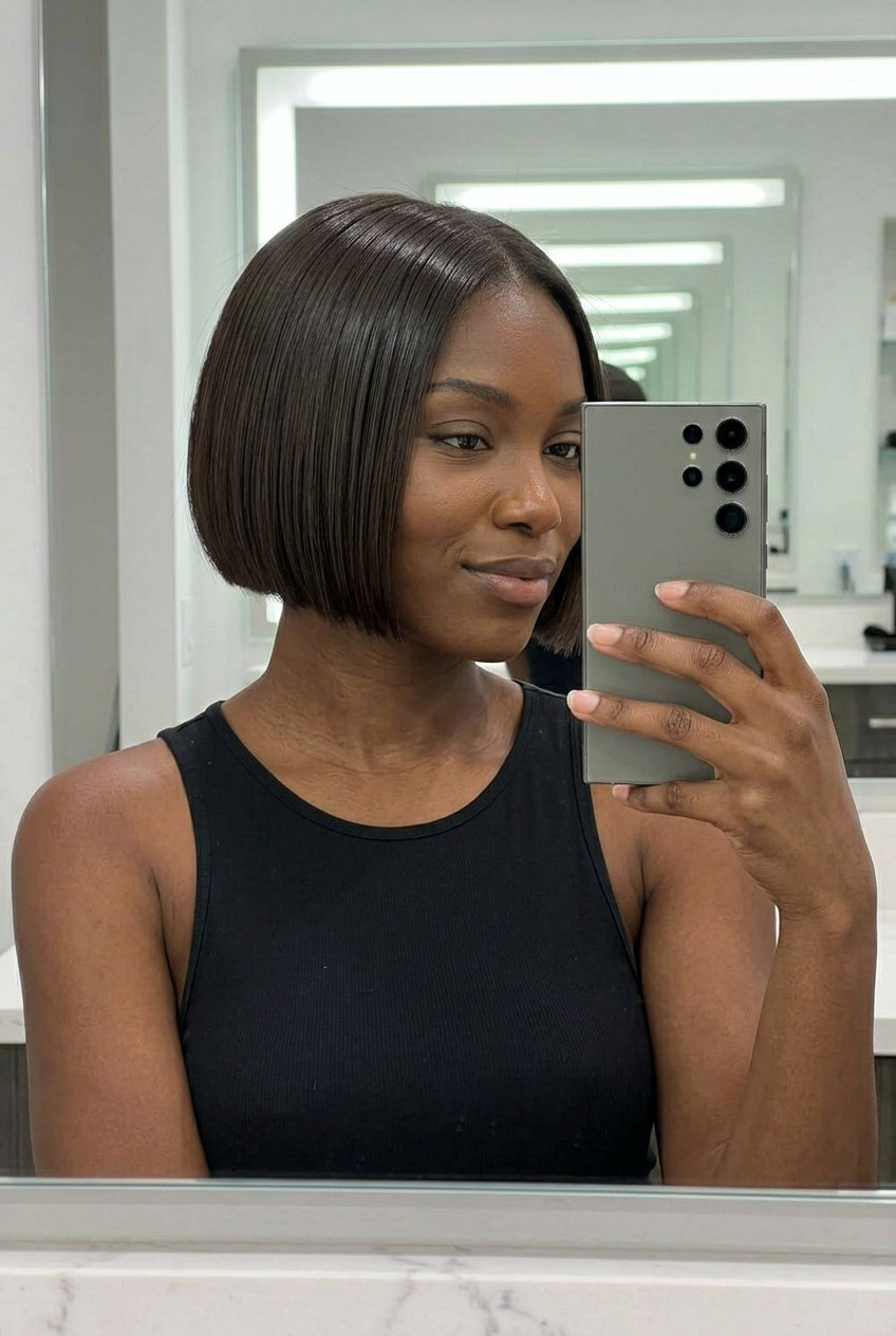 Midnight Gloss Bixie Haircut 2026 short deep chocolate brown bixie with high-gloss finish and sculpted shape for evening events