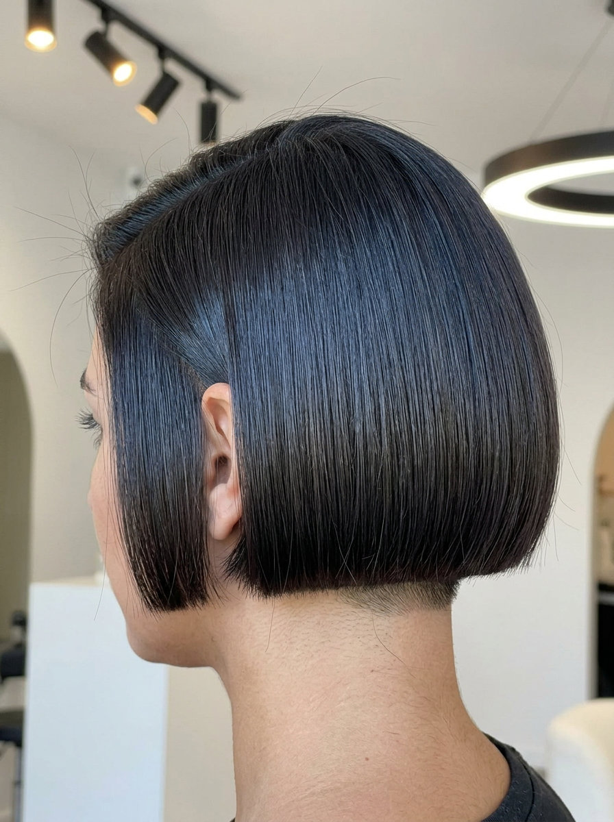 short deep espresso french bob with blue-black undertones, clean clipper fade for edgy