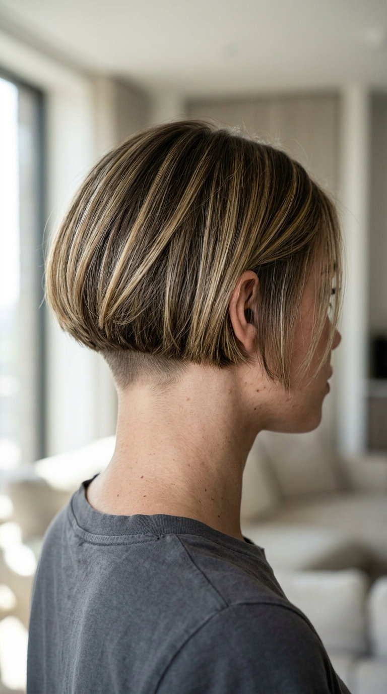 short deep espresso french bob with hidden nape undercut, blunt perimeter for edgy