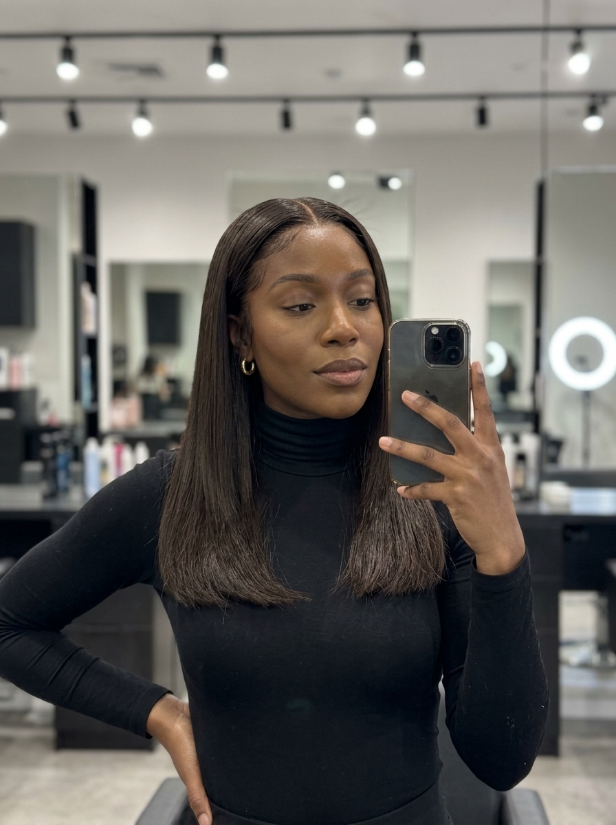 long blunt cut with deep mocha brunette, color melting technique, no bangs for formal events