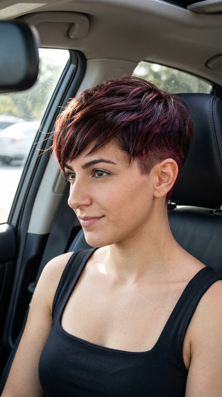 short sculpted pixie haircut with deep mocha, cherry-red peek-a-boo, undercut for bold style