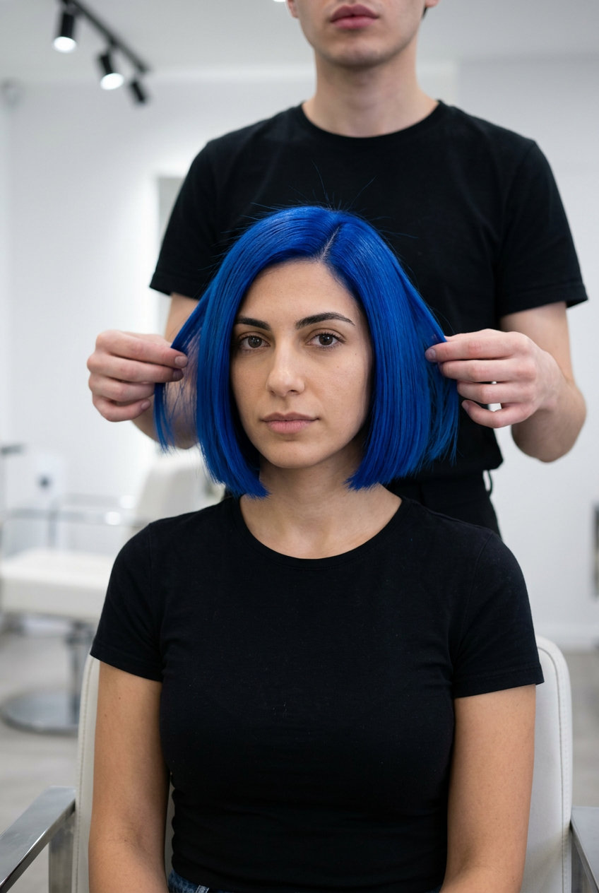 short electric blue french bob with blunt perimeter, razor-sharp edges for festival