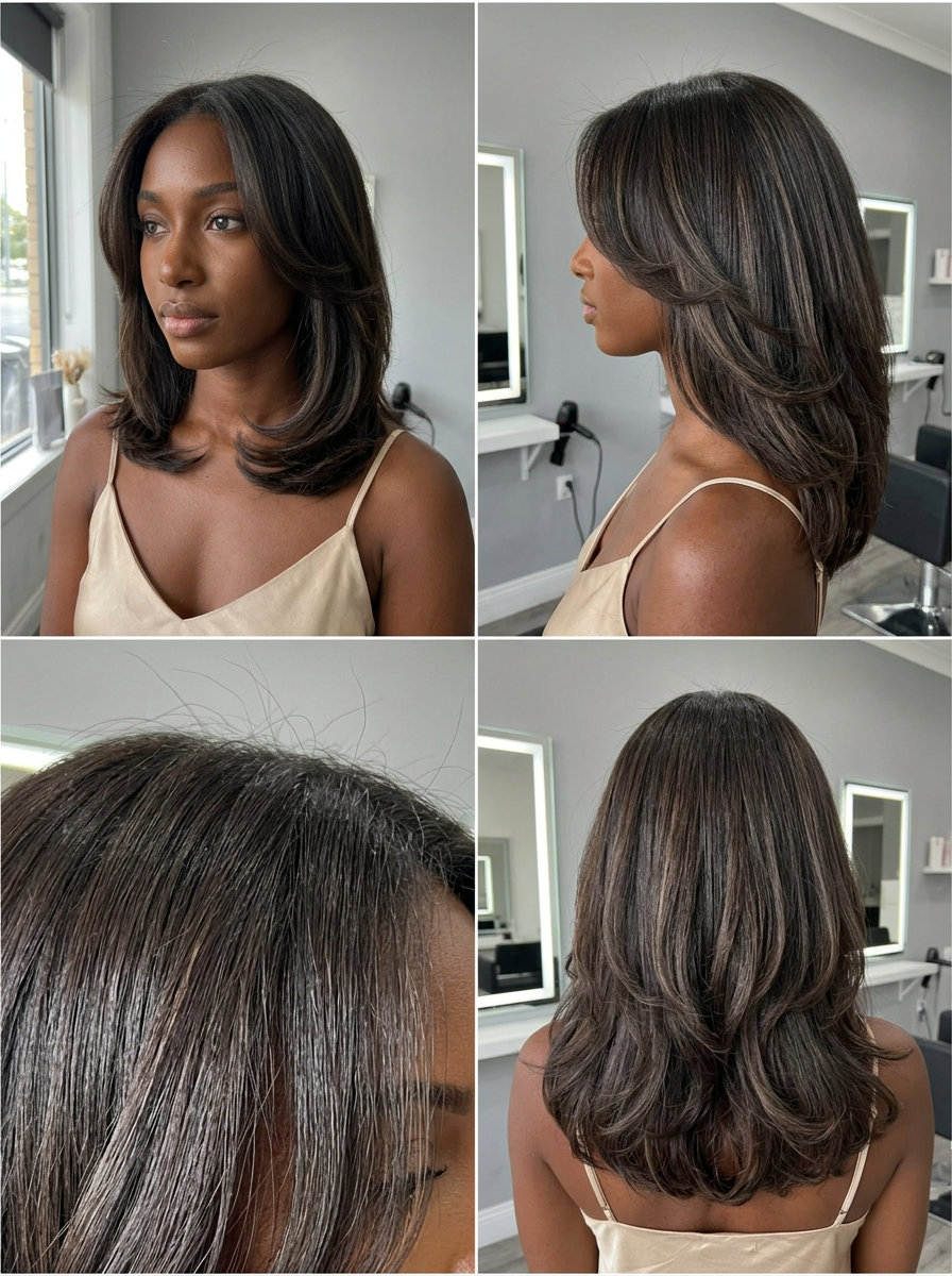 medium-long textured haircut with espresso brunette & ash lowlights, graduated C-curve layers for polished sophistication