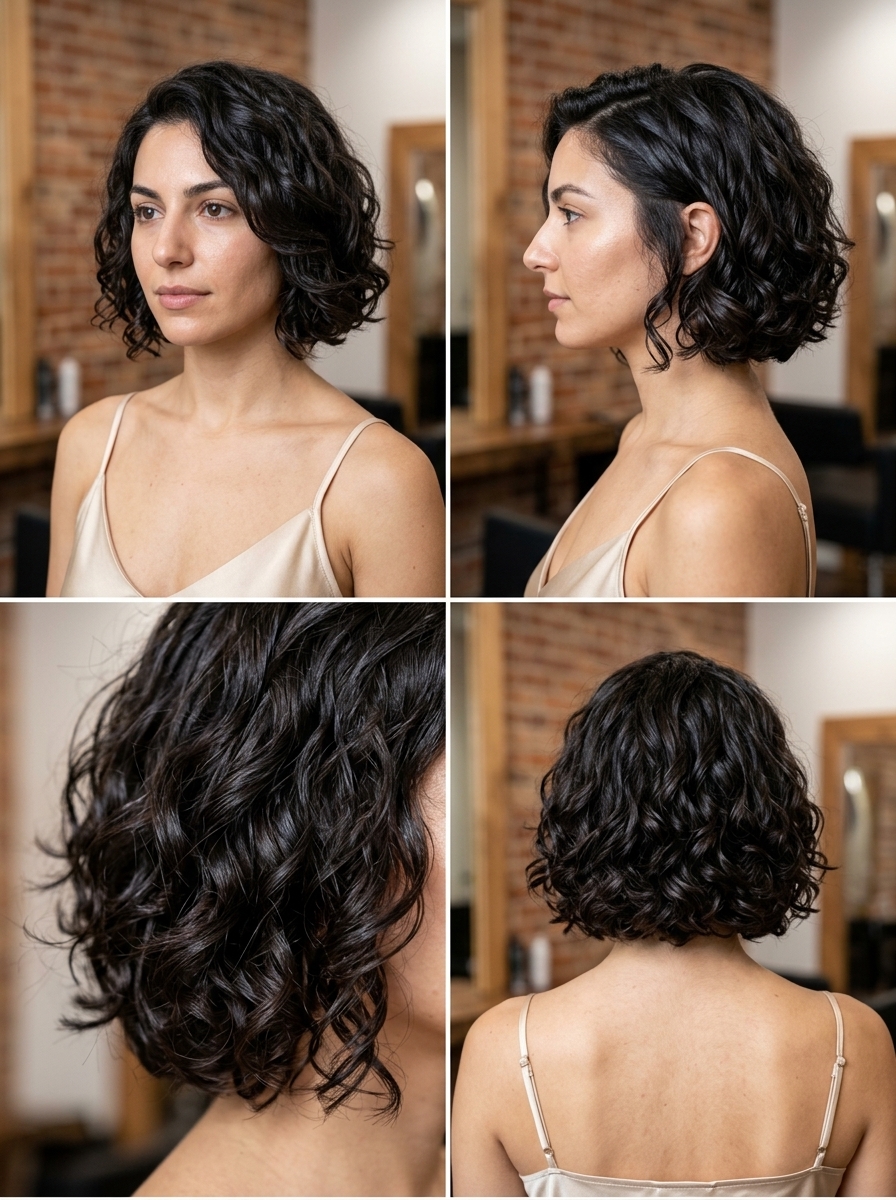 Chic Summer Haircuts 2026: Espresso Curly Bob chin-length curly haircuts with deep espresso, blue-black undertones, blunt bob — chic summer style