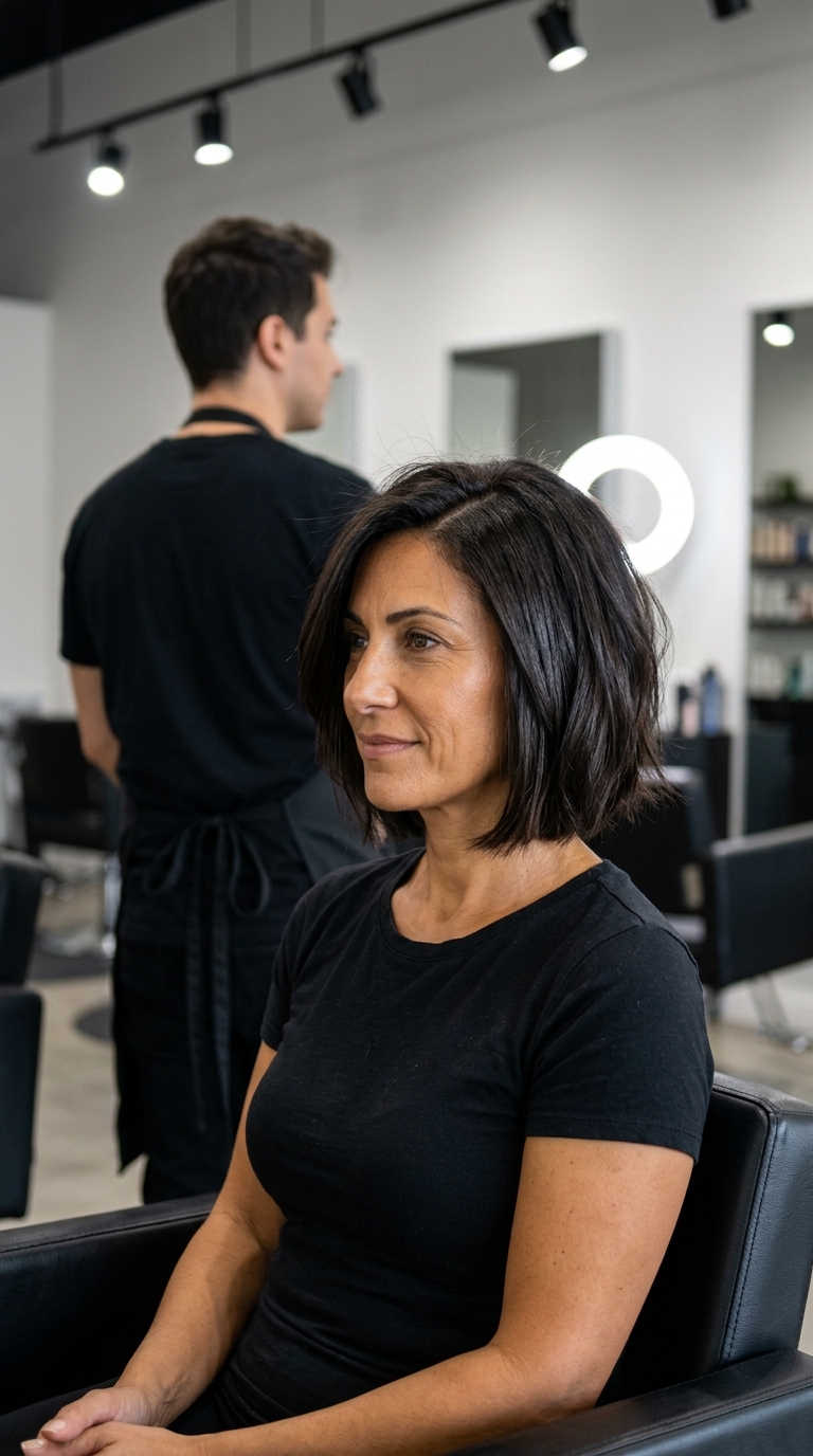chin-length bob haircut in deep espresso brunette with high-gloss finish