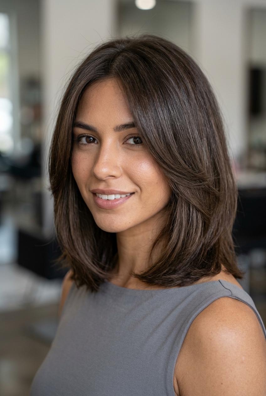 Polished Espresso Shag 2026 collarbone-length shag haircut with espresso brunette color, ash root smudge, curtain bangs — sophisticated, polished