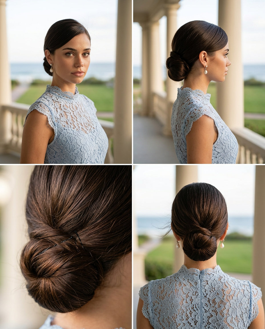 long espresso brunette chignon with sculpted twist for summer wedding guest