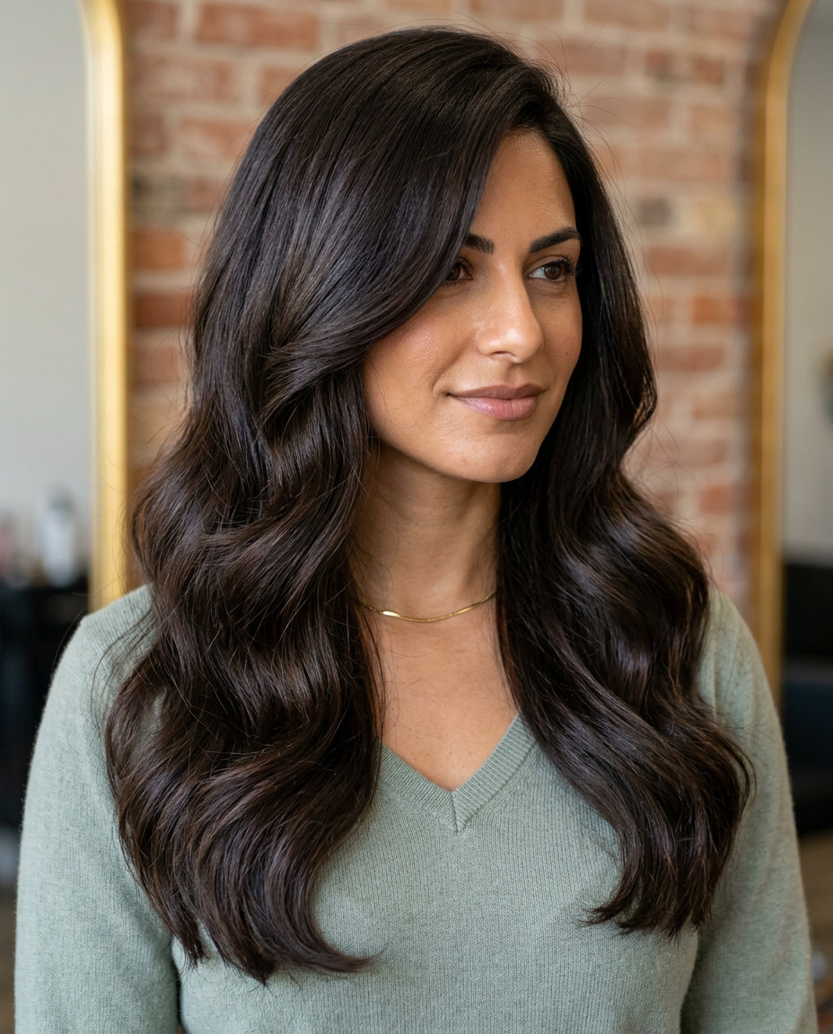 long layered haircut with deep espresso brunette, high-gloss sheen, and soft U-cut for formal event