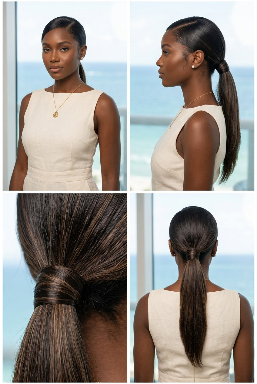 long deep espresso brunette sleek low ponytail wrap with middle part for summer