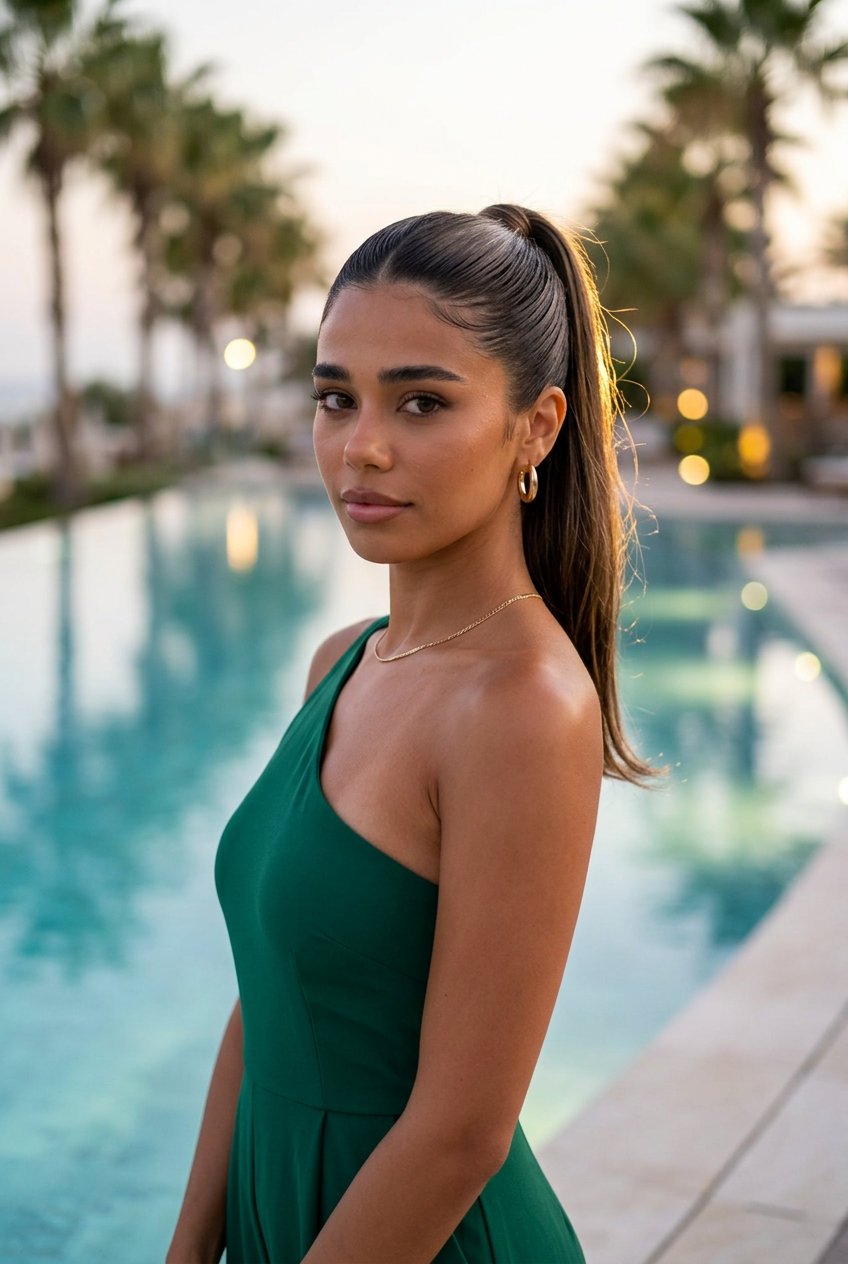 Sleek Pony: Modern Summer Hairstyles 2026 long deep espresso brunette sleek slicked-back pony with high-gloss finish — modern summer hairstyle 2026