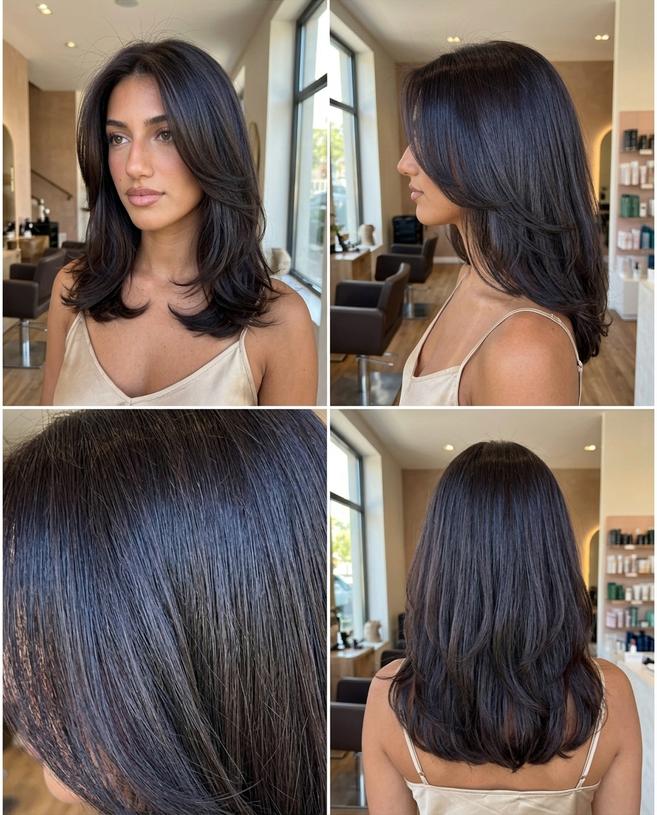 Sleek Espresso Brunette Haircut 2026 medium layered haircut with espresso brunette, no bangs, U-shaped perimeter — bold sophisticated