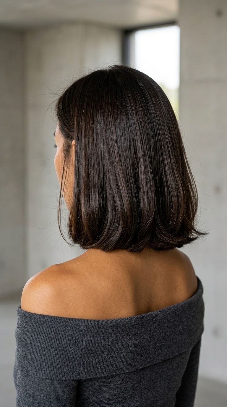 neck-length espresso brunette italian bob haircut with blunt ends and internal layers