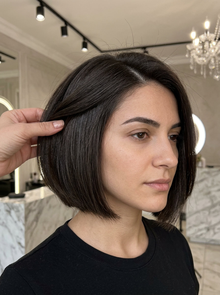 Espresso Martini Sleek Bixie 2026 short espresso brunette bixie with high-gloss finish and deep side part for professional events