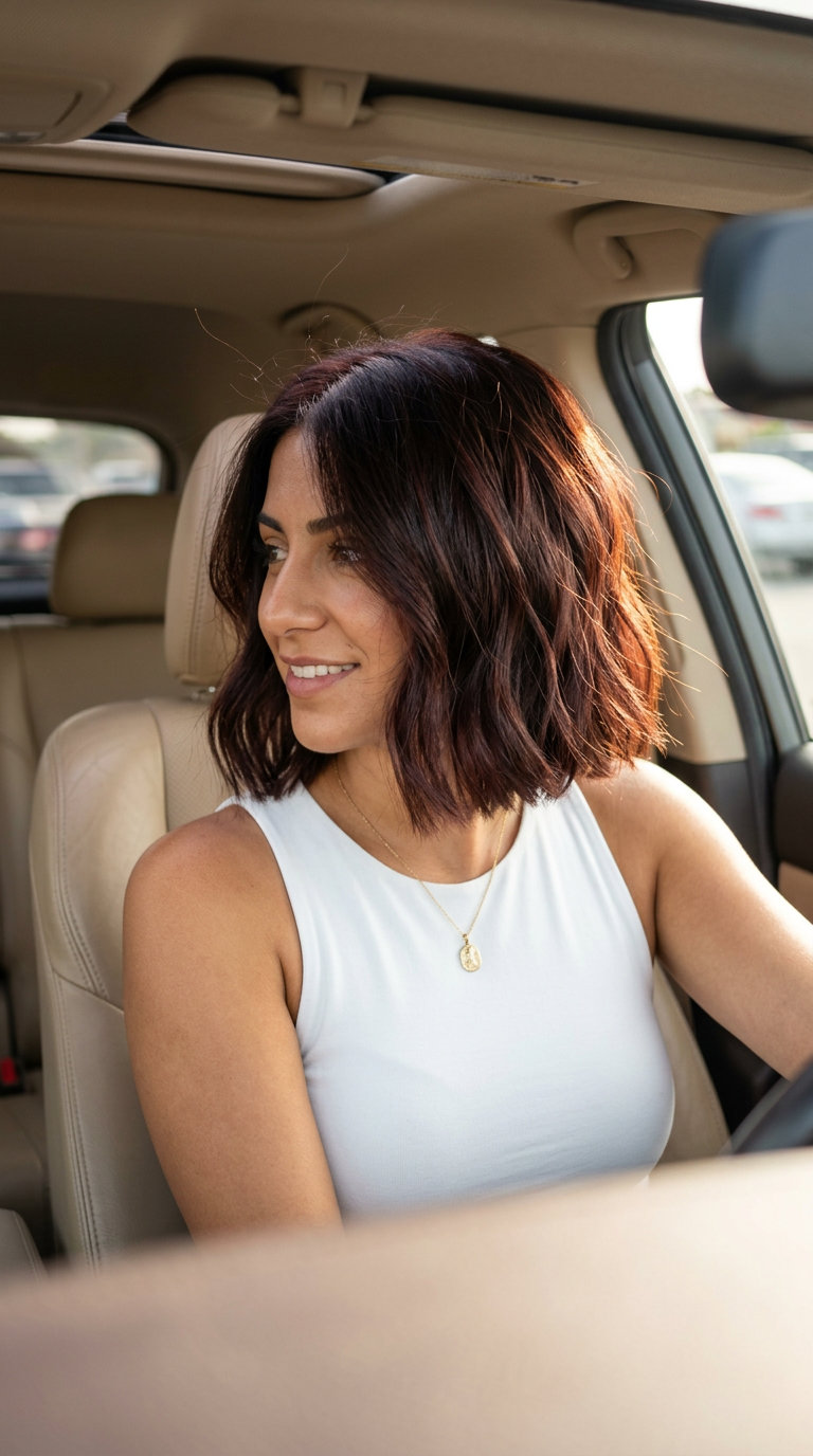 short espresso brunette tousled bob with cherry red undertones and face-framing pieces for romance