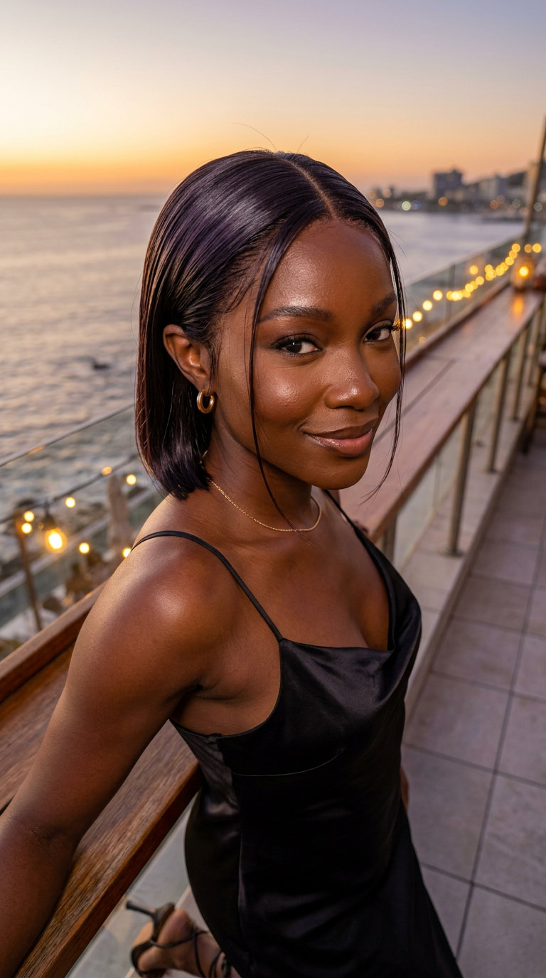 short hydro-glow bob with deep espresso brunette, high-gloss finish and sleek styling for evening events