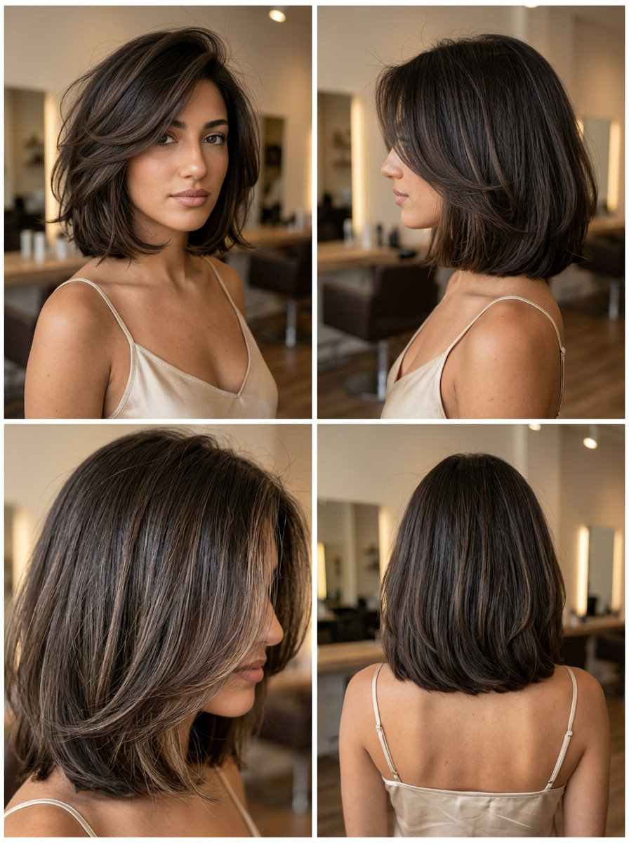 short espresso brunette tousled bob with mocha lowlights and beige babylights for Italian glam