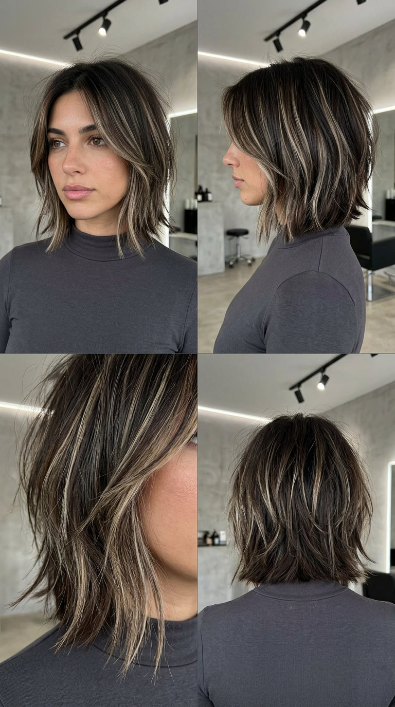 short espresso brunette tousled bob with ash blonde highlights and razored layers for edgy vibe
