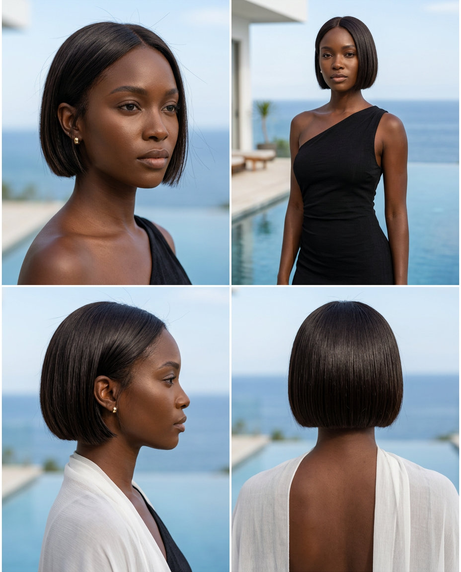 short sleek cheekbone bob with deep espresso brunette, mirror-like gloss and pin-straight finish for interviews
