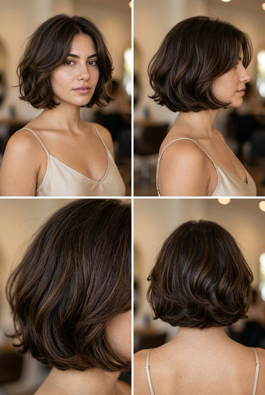 short espresso brunette french bob with warm chocolate lowlights, soft internal layering for retro