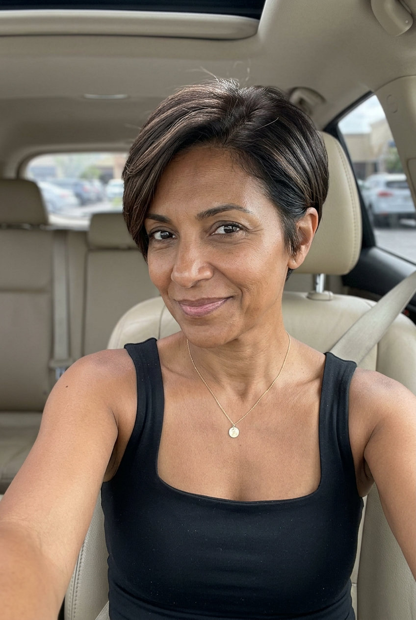short espresso brunette pixie haircut with textured layers and side-swept fringe for sophisticated look