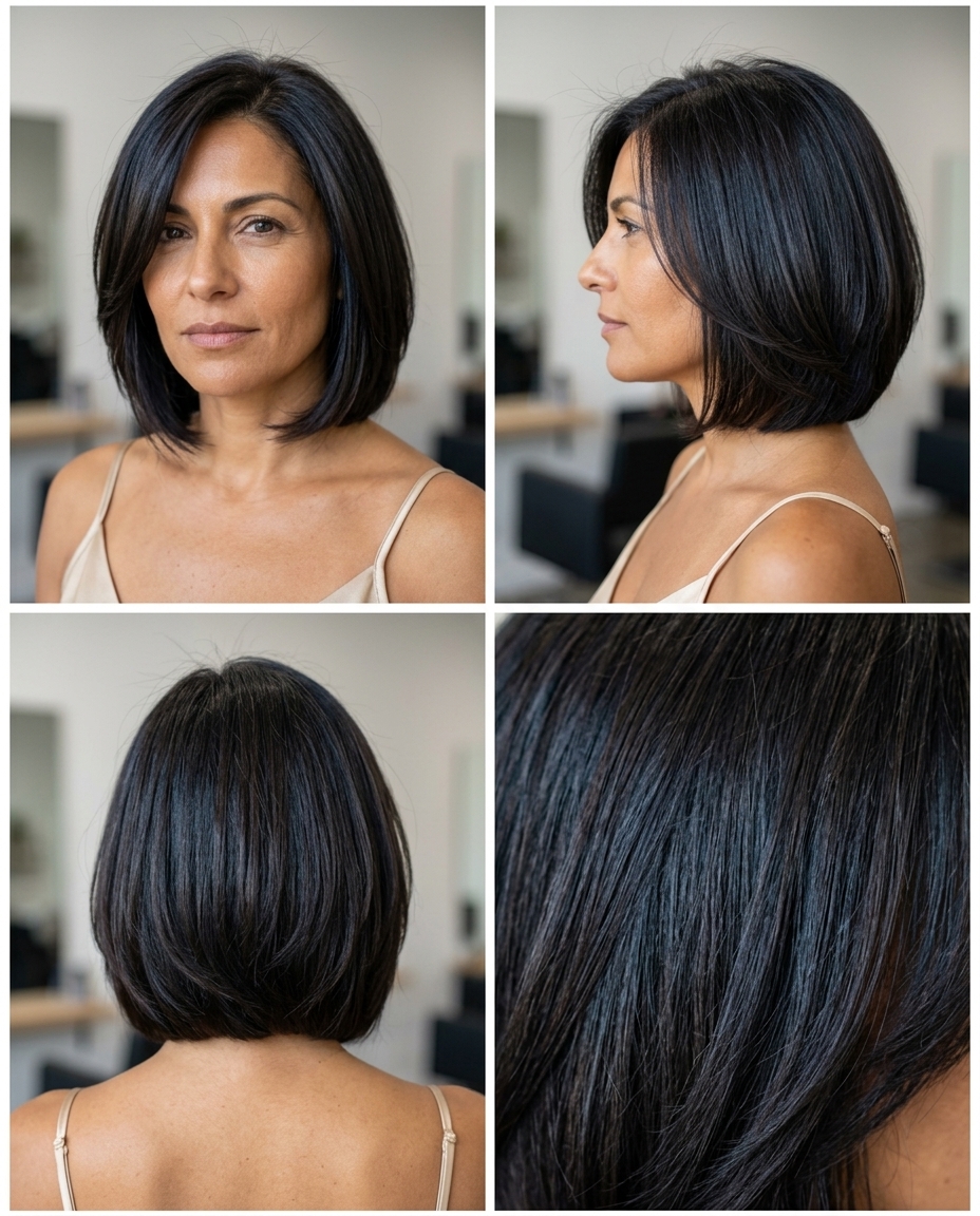 short-to-medium espresso brunette haircut with hidden undercut and textured layers