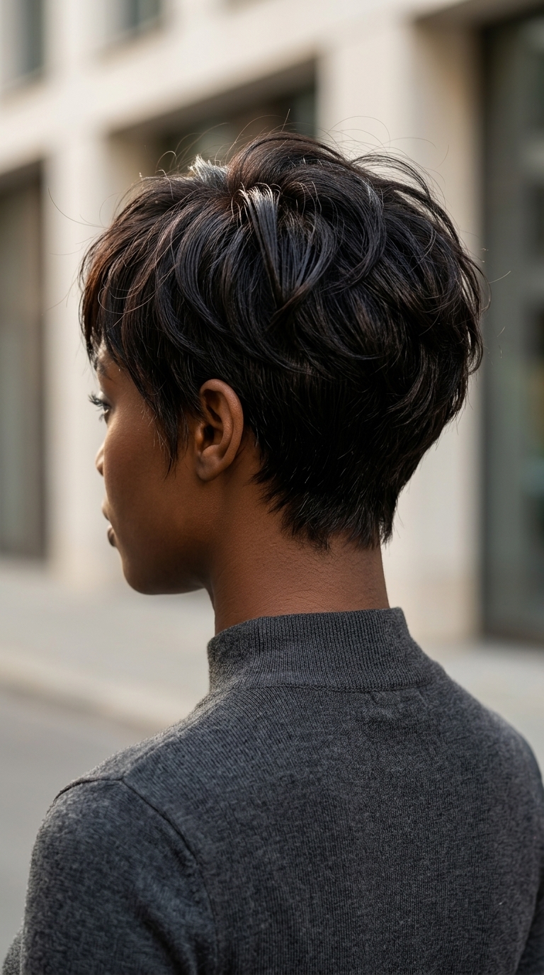 very short layered pixie haircut in deep espresso brunette with mahogany sheen, soft side-swept fringe for retro vibes