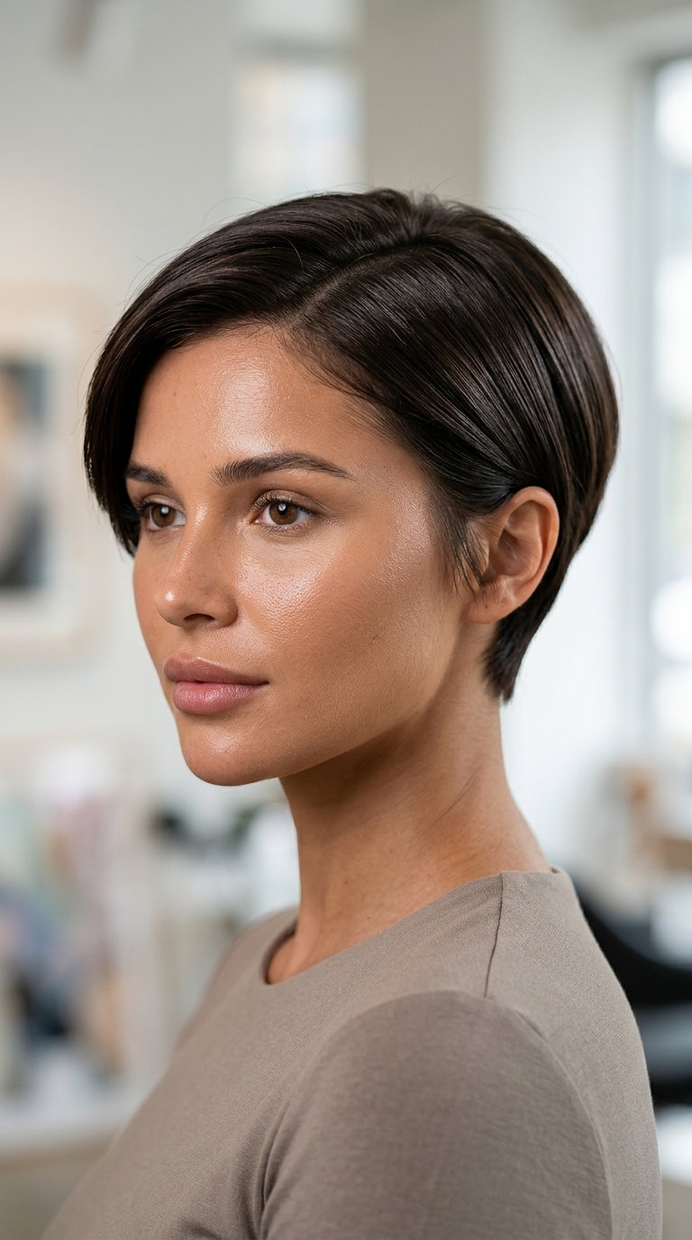 very short pixie haircut in espresso brunette with blue undertones, sculpted sleek lines, no fringe — sophisticated professional look