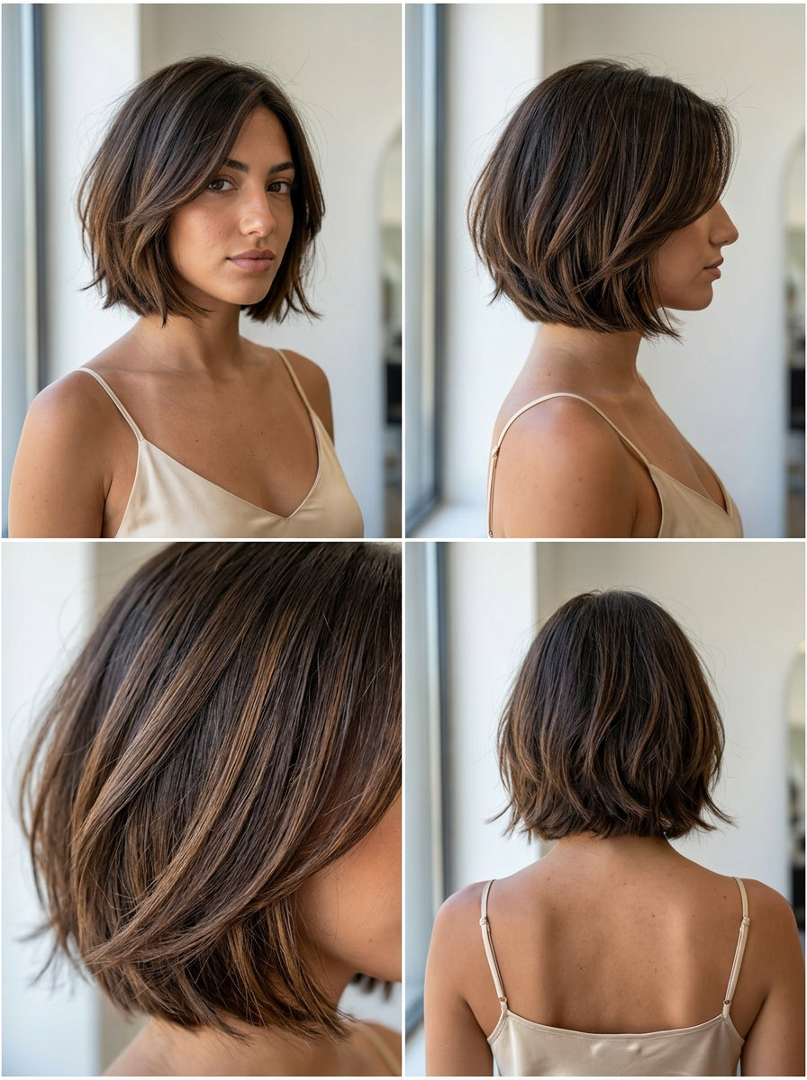 short french bob haircut with espresso & caramel lowlights, textured perimeter — relaxed effortless
