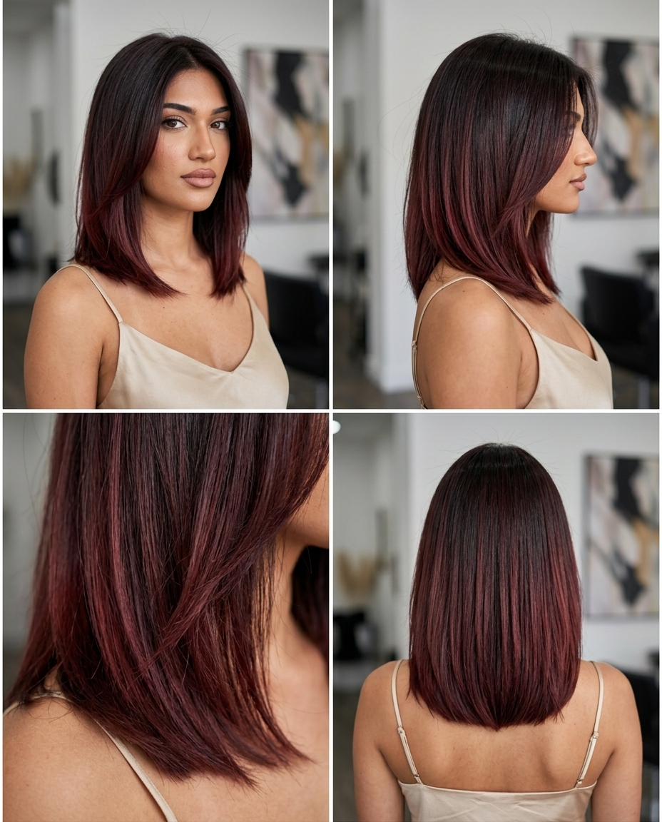 Mysterious Cherry Ombré Lob 2026 medium lob haircut with espresso brown, muted cherry red ombré, soft internal layers — dramatic