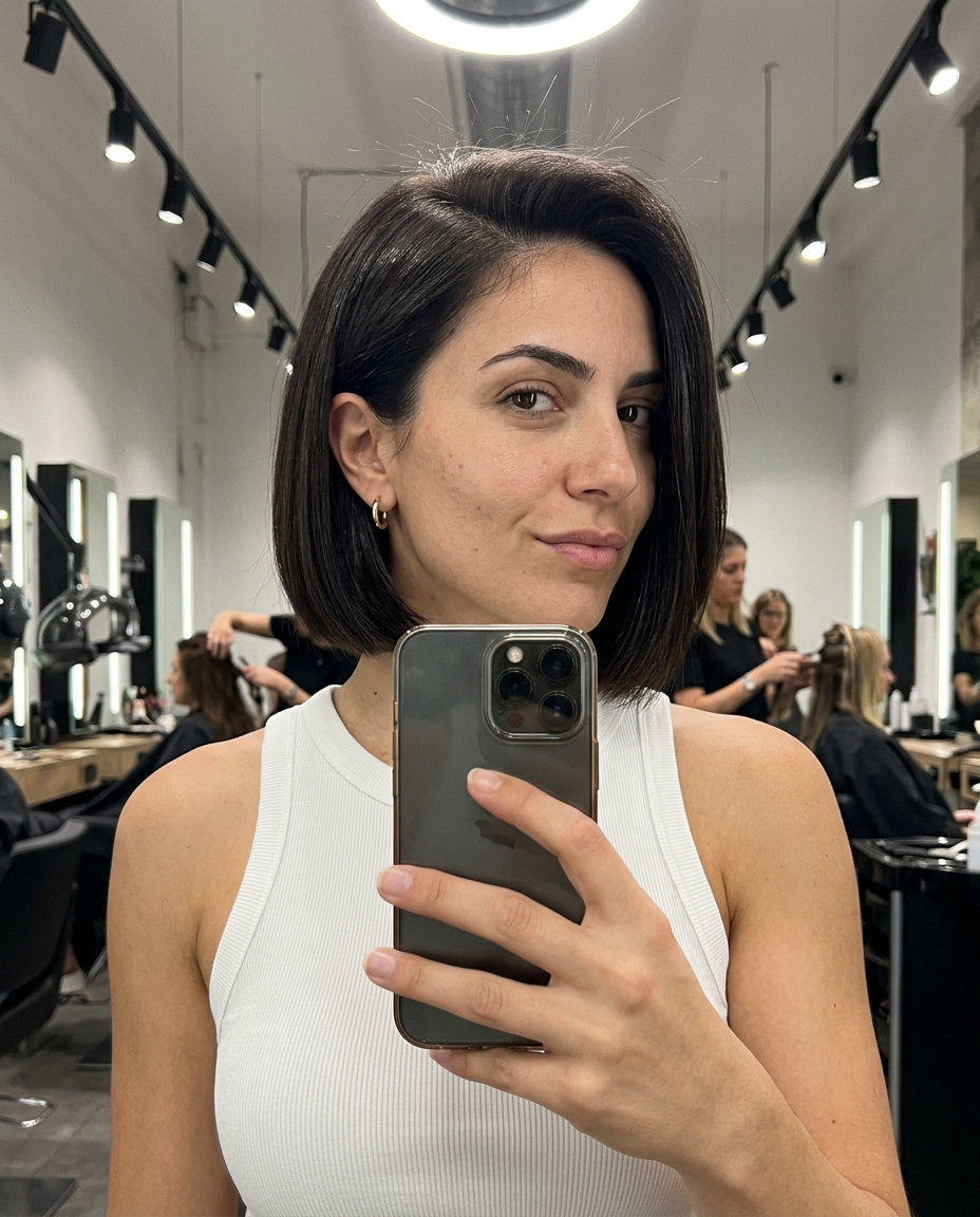 chin-length espresso brunette bob, blunt cut, high gloss for evening gala
