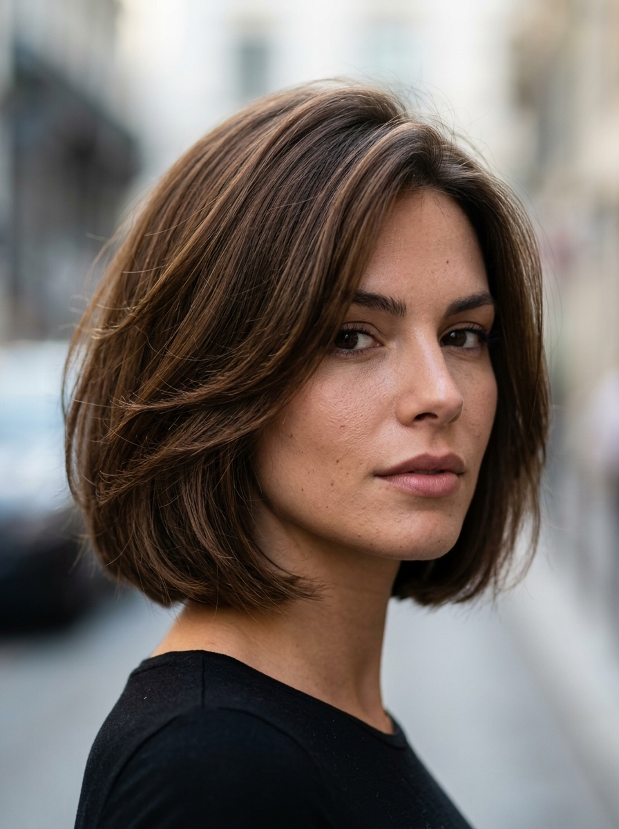 chin-length bob haircut with espresso roast and violet undertones, internal layering, no bangs — bold professional look