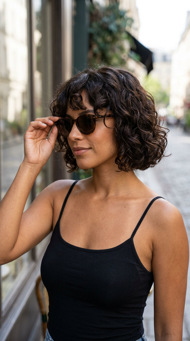 Chic French Curl Bob 2026: Espresso Brunette chin-length curly French bob with espresso brunette, point-cut layers and curtain bangs for daily wear