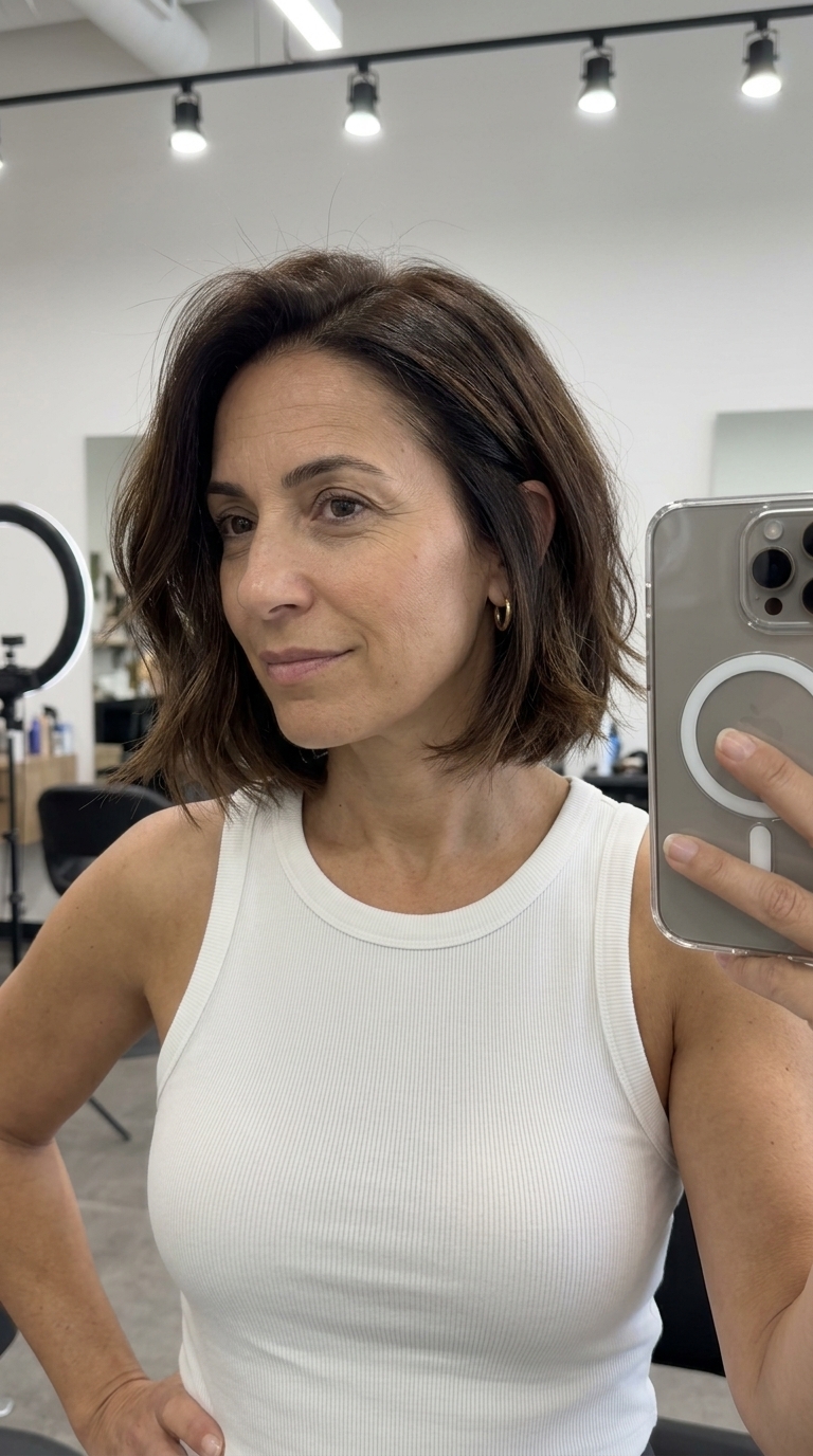 Chic Textured Italian Bob: Espresso Brunette 2026 chin-length Italian bob haircut with espresso brunette & caramel undertones, internal texturizing, no bangs — chic & voluminous
