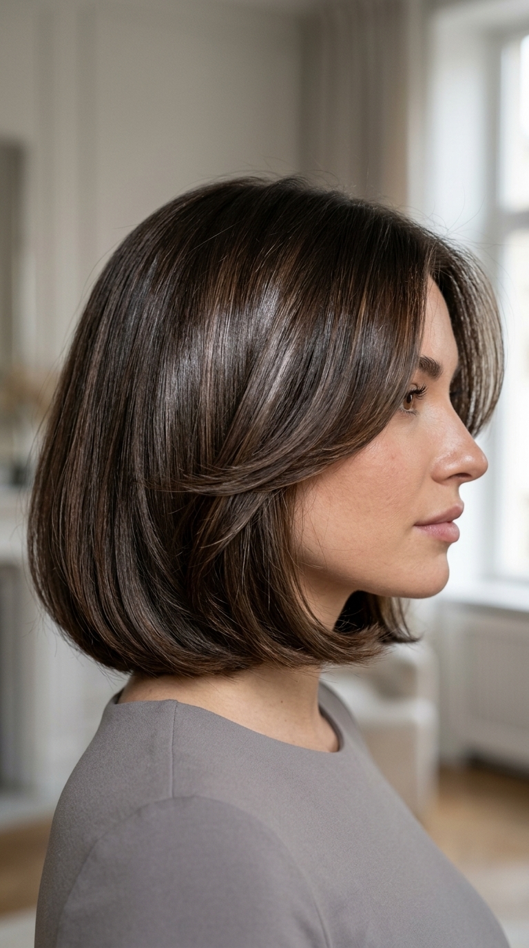 chin-length espresso mocha butterfly bob with winged face-framing layers, high-gloss finish — chic professional