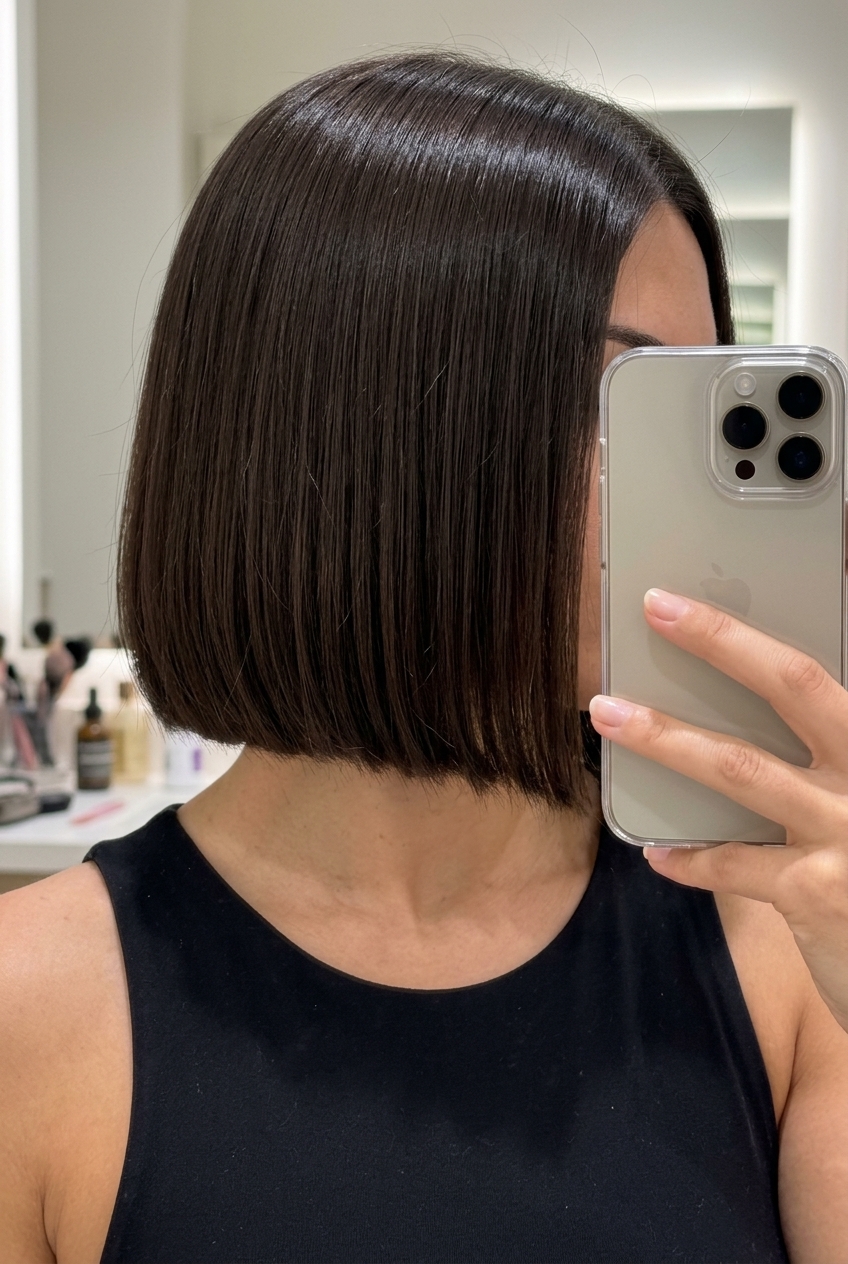 chin-length midi bob haircut in deep espresso with clear gloss for summer 2026