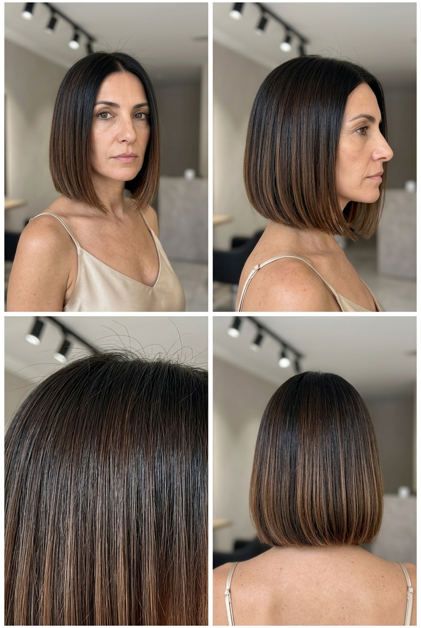 chin-length deep espresso to chocolate ombré bob haircut with blunt ends