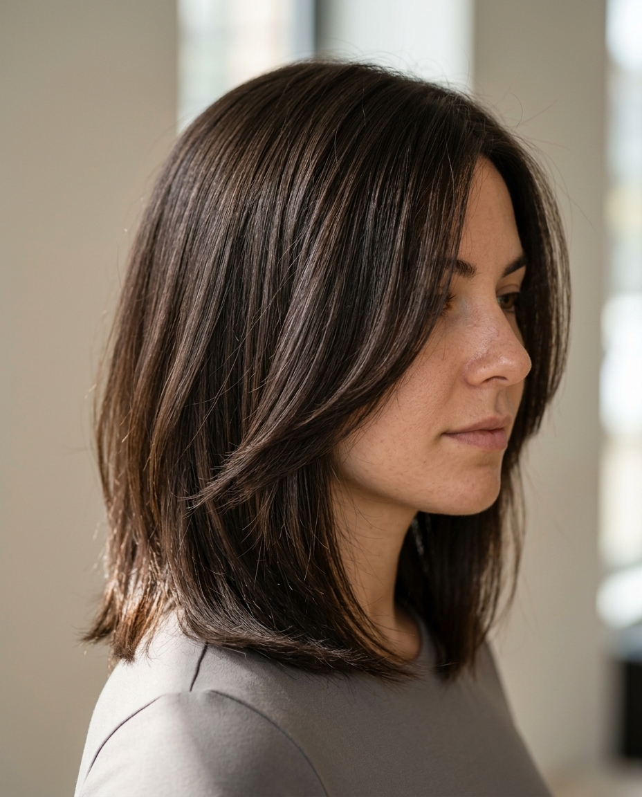collarbone layered haircut with espresso violet undertones, internal layers — professional sophisticated